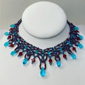 Elegant Beaded Necklace in Blue and Red